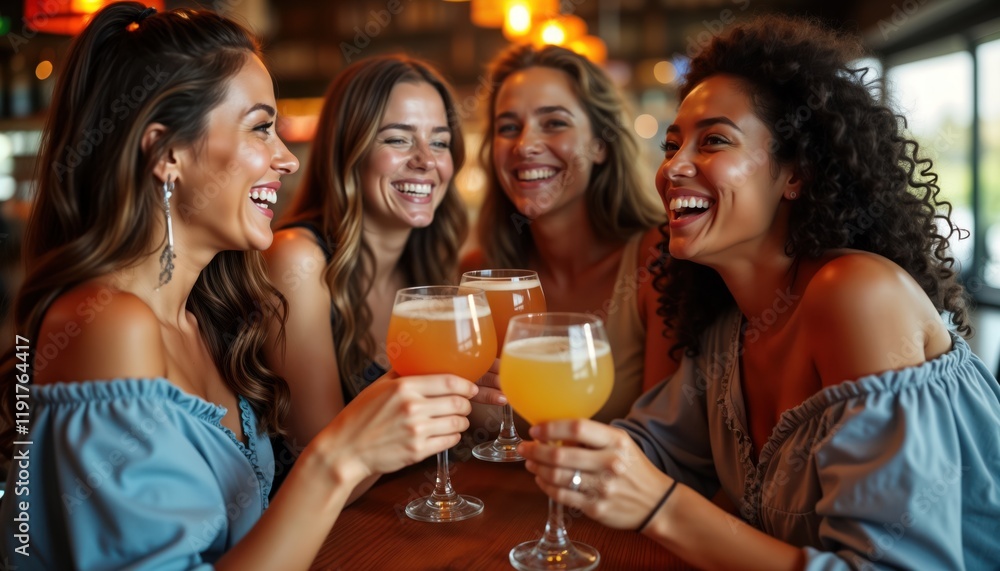 Four happy women celebrate with cocktails at bar. Cheer, laugh together. Lively social scene. Setting appears to trendy bar eatery. Could weekend gathering casual celebration. Look cheerful, relaxed.