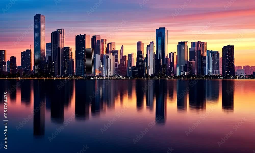 Breathtaking urban skyline during sunset showcasing modern architecture reflected in tranquil waters, vibrant colors blending seamlessly across the horizon Breathtaking urban skyline during sunset showcasing modern architecture reflected in tranquil waters, vibrant colors blending seamlessly across the horizon