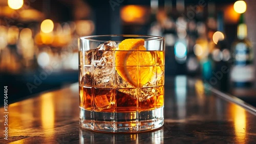 A close-up shot of a refreshing whiskey cocktail with an orange slice, ice, and a blurred bar counter background.