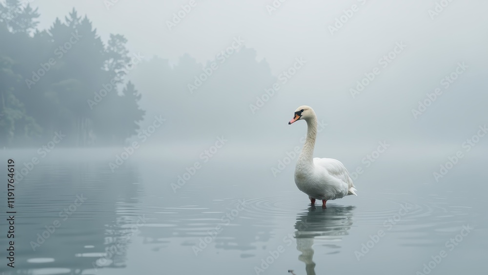 Fototapeta premium A serene white mute swan poised gracefully on water, head subtly tilted, evoking elegance in stillness