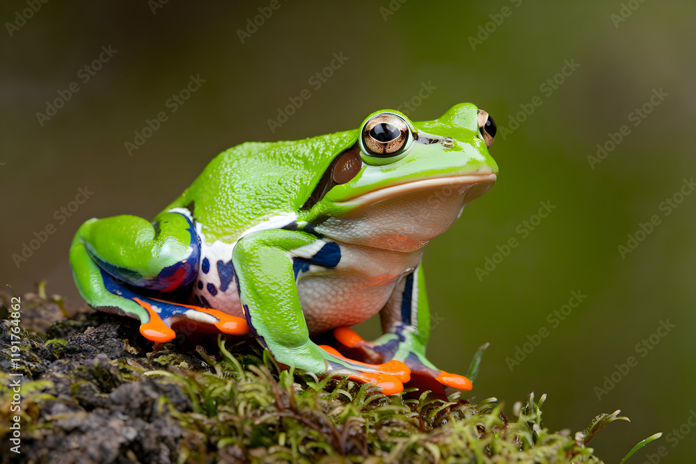 Fototapeta premium Green frog with orange eyes perched on moss, wide eyed in lush forest