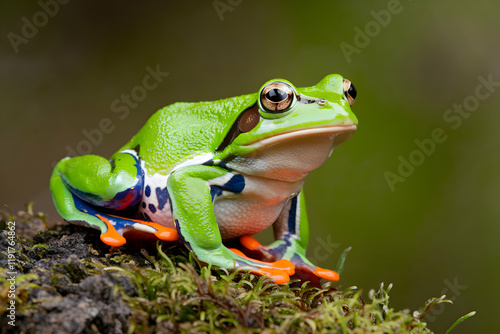 Green frog with orange eyes perched on moss, wide eyed in lush forest