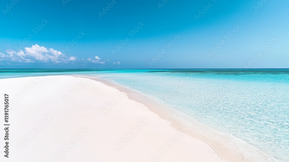 Stunning tropical beach featuring pristine white sand gently sloping into vibrant turquoise waters, creating a breathtaking contrast under a clear blue sky with fluffy clouds Stunning tropical beach featuring pristine white sand gently sloping into vibrant turquoise waters, creating a breathtaking contrast under a clear blue sky with fluffy clouds