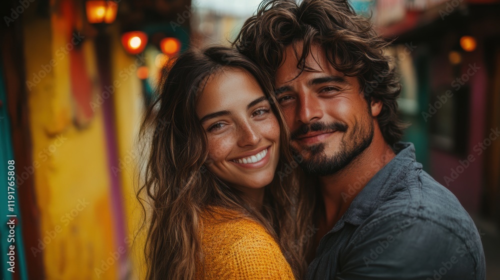 A joyful couple poses closely together in a vibrant, warmly lit street with colorful walls creating a lively and romantic backdrop for the portrait. A joyful couple poses closely together in a vibrant, warmly lit street with colorful walls creating a lively and romantic backdrop for the portrait.