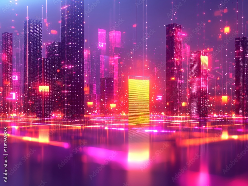 Geometric shapes and glowing lines converge into central progress bar representing app installation and digital transformation in vibrant futuristic landscape. Geometric shapes and glowing lines converge into central progress bar representing app installation and digital transformation in vibrant futuristic landscape.