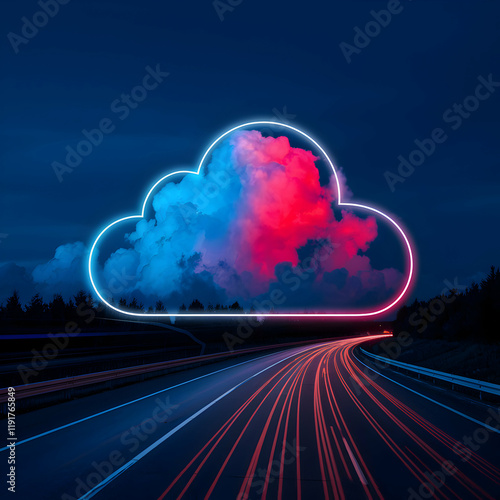 Neon digital cloud glows over high speed highway in vibrant nightscape For Social Media Post Size