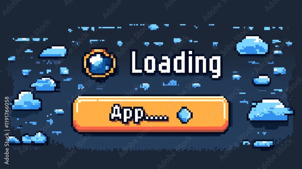 vibrant retro pixel art design showcases app installation screen loading progress bar. Bold text states Loading App against 8 bit color palette and dark background. vibrant retro pixel art design showcases app installation screen loading progress bar. Bold text states Loading App against 8 bit color palette and dark background.