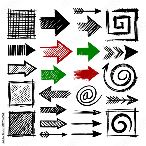 Collection of doodle boxes, circles and arrows and other supporting elements manually drawn on a white background