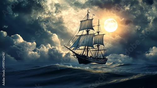 A lone ship sails under a full moon and a starry night sky. The ship is silhouetted against the bright moon and sails across a dark blue, rippling sea.