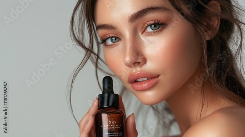 Model Posing with Radiant Skin for Skincare Product Advertisement in a Studio Setting