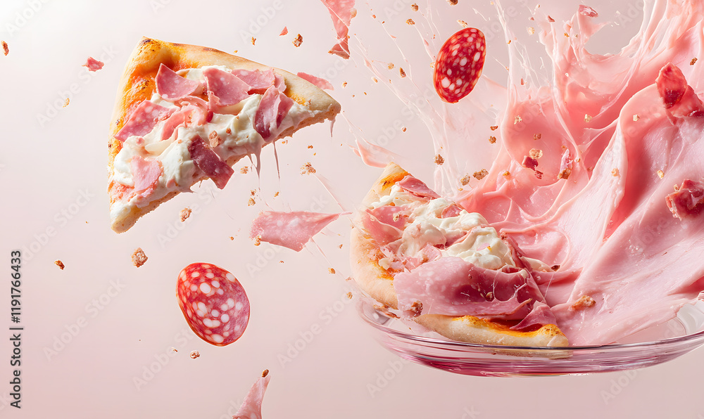 Fototapeta premium Floating Pepperoni Pizza Slices with Olives and Basil on Pink Background
