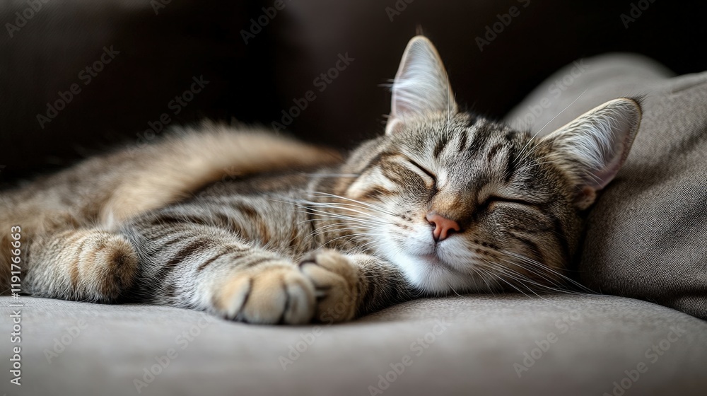 Adorable Tabby Cat Sleeping Comfortably on a Couch, Capturing the Cozy and Relaxed Essence of Feline Serenity in a Domestic Setting Adorable Tabby Cat Sleeping Comfortably on a Couch, Capturing the Cozy and Relaxed Essence of Feline Serenity in a Domestic Setting