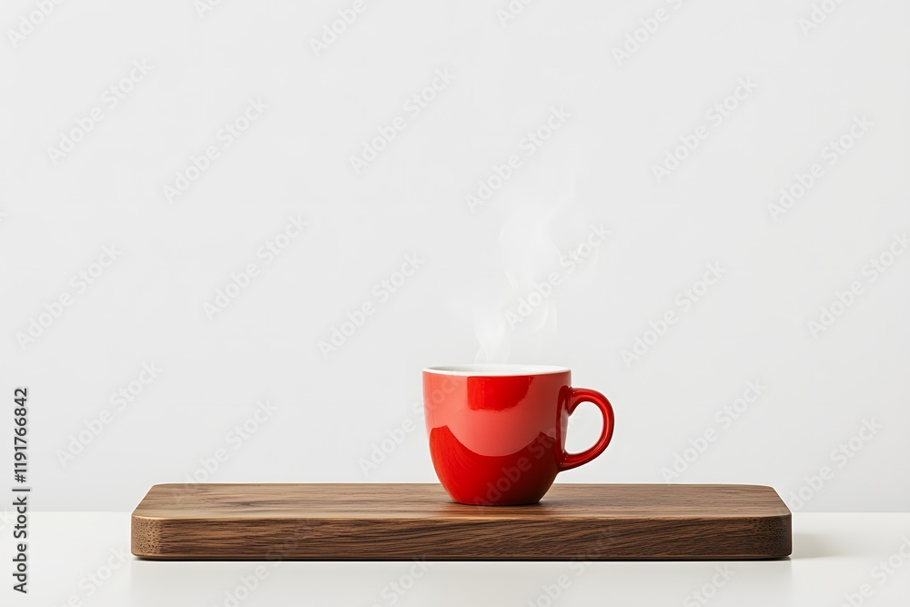 Fototapeta premium Minimalist front view of coffee red cup on brown wooden counter with smooth edges, against clean white background for morning aroma and cafe concepts