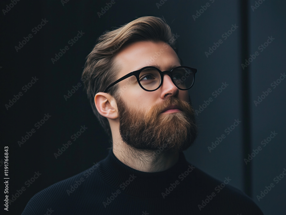 Portrait of a Bearded Man in Glasses and Black Sweater Against Dark Background Portrait of a Bearded Man in Glasses and Black Sweater Against Dark Background