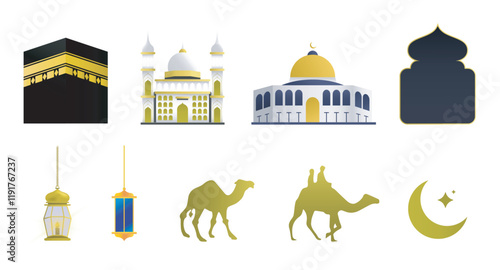 Islamic muslim set element design mosque, kabaa, lislamic latern, camel, moon cresent, star. for feed, poster, banner, website, cover, greeting card, etc