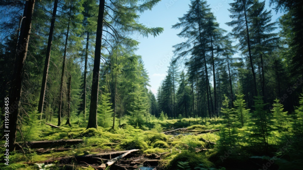 Obraz premium Serene Sunlit Forest Path: A Tranquil Nature Escape