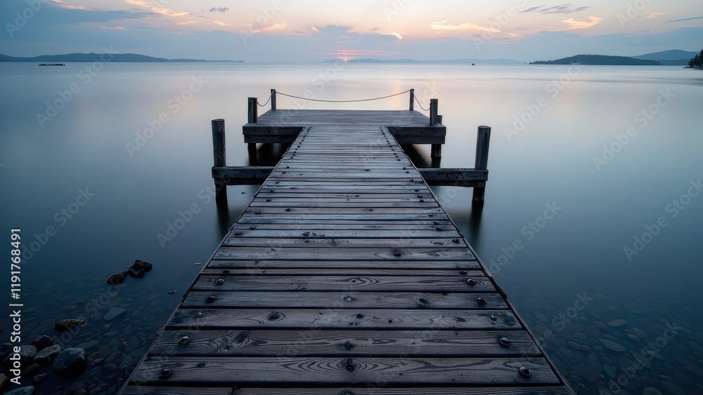 Fototapeta premium A serene wooden pier stretches gracefully over tranquil waters. Horizontal planks secured by vertical metal bolts invite peaceful reflections on its surface