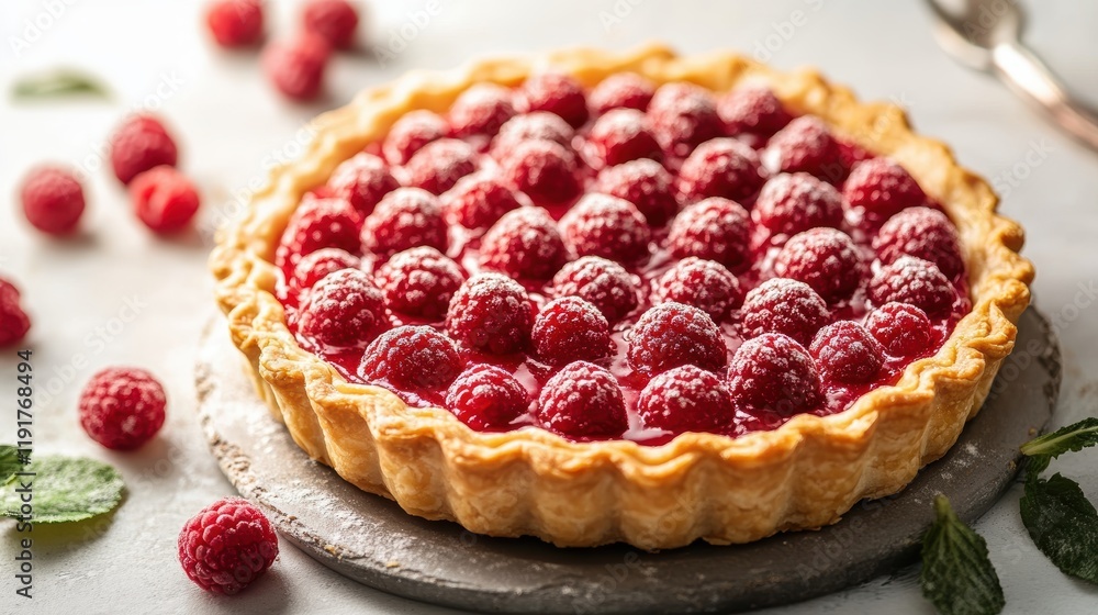 A mouth-watering close-up of a vibrant raspberry tart showcasing the intricate arrangement of fresh raspberries on a perfectly baked crust A mouth-watering close-up of a vibrant raspberry tart showcasing the intricate arrangement of fresh raspberries on a perfectly baked crust