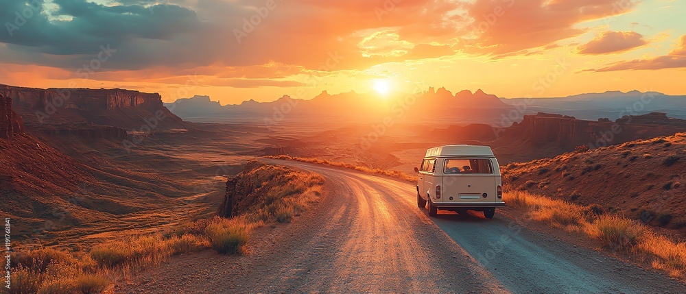 Van on an adventurous road trip, canyon path at sunset, freedom in nature, winding road through mountains, glowing sunset, tranquil atmosphere, epic landscape Van on an adventurous road trip, canyon path at sunset, freedom in nature, winding road through mountains, glowing sunset, tranquil atmosphere, epic landscape