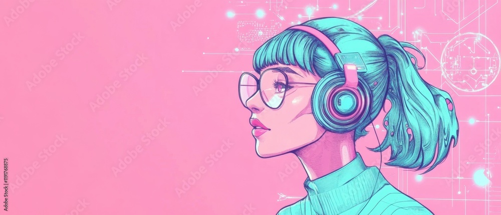 Smiling Woman with Headphones and Glasses, Pink Tech Background Smiling Woman with Headphones and Glasses, Pink Tech Background