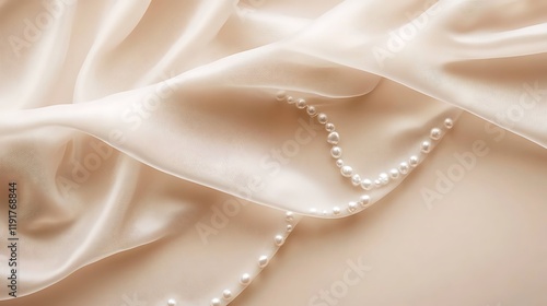 Elegant pearls adorn draped beige silk fabric