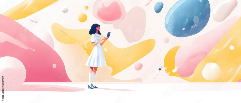 Woman Smiling Using Tablet in Abstract Pastel Background Woman Smiling Using Tablet in Abstract Pastel Background
