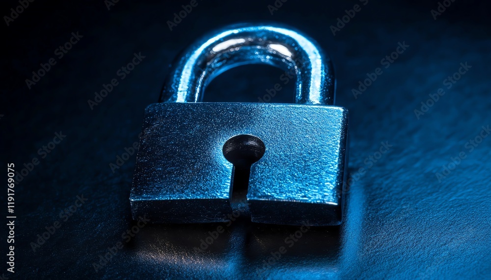 Fototapeta premium Cyber security padlock on dark blue, data network protection, privacy and fraud prevention, glowing lock symbol, encrypted computing system, digital security technology