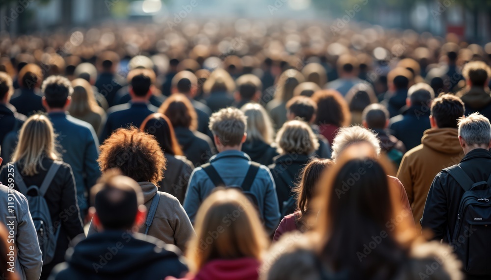 Large crowd of people walking forward in city street. Many people moving together. Image shows demographic trends. City lifestyle. Urban setting. Everyday scene. Concept of large groups, social Large crowd of people walking forward in city street. Many people moving together. Image shows demographic trends. City lifestyle. Urban setting. Everyday scene. Concept of large groups, social