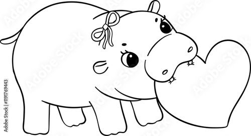 Cute Valentine Moo Deng Pygmy Hippo bites heart outline doodle