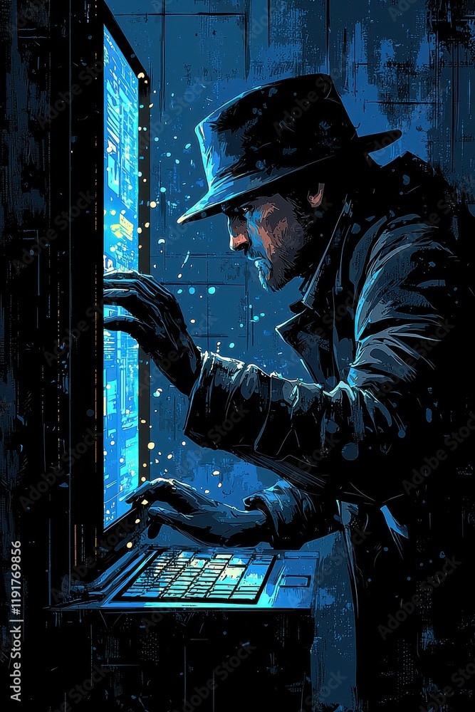 Fototapeta premium Mysterious Figure Using a Computer in a Dark Urban Setting