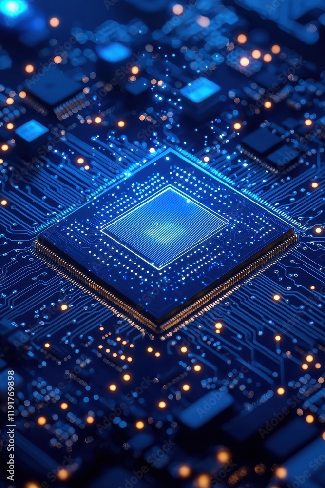 Fototapeta premium Close-up of a blue microchip with circuits on a motherboard