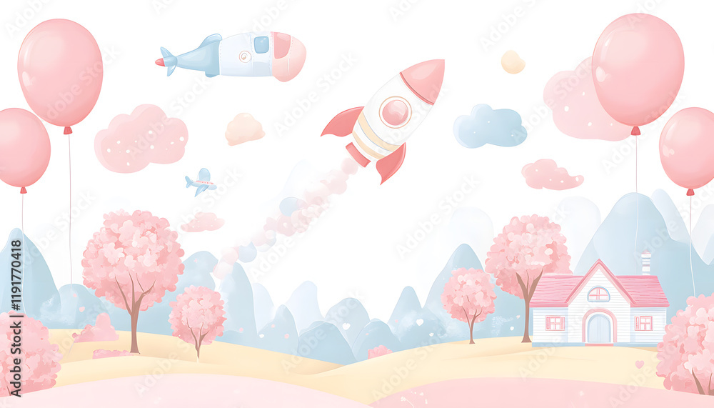 Whimsical Rocket Launch in a Dreamy Pastel Landscape Whimsical Rocket Launch in a Dreamy Pastel Landscape