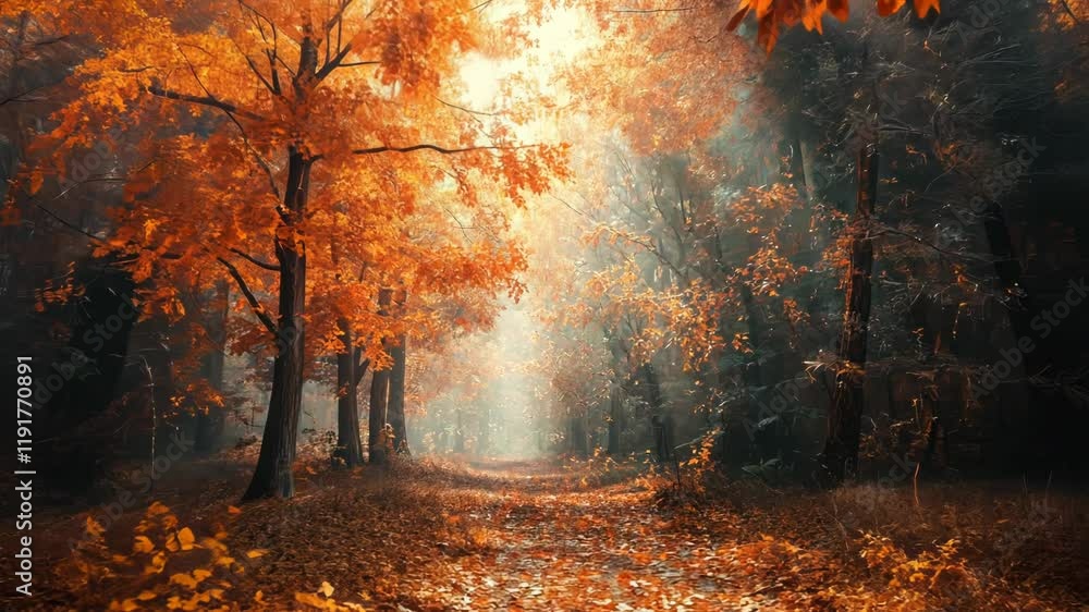 A sunlit path winds through a misty autumn forest, dappled with golden leaves. The air is still and the light creates a mystical atmosphere. A sunlit path winds through a misty autumn forest, dappled with golden leaves. The air is still and the light creates a mystical atmosphere.
