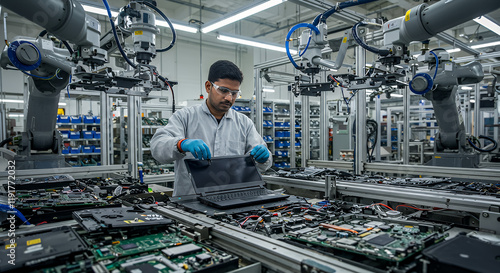 Indian Male Worker Disassembling Old Laptops To Recycle Electronic Components For Microchip Production At Automated Electronics Factory With Robotic Arms. Man Unscrewing Displays , Sorting Them photo