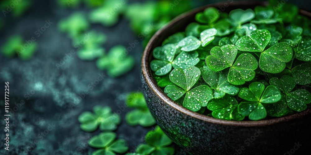 A rustic ceramic bowl brimming with fresh, dew-covered clover leaves amidst an artistic spread of clovers on a dark textured surface. A rustic ceramic bowl brimming with fresh, dew-covered clover leaves amidst an artistic spread of clovers on a dark textured surface.