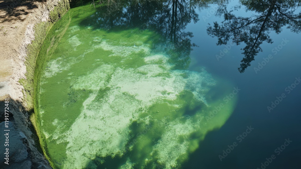 A pond with green algae floating on the surface A pond with green algae floating on the surface