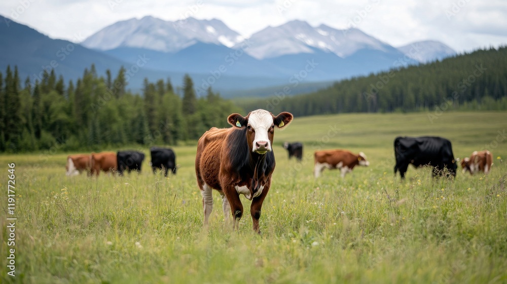 Fototapeta premium Cow grazing peacefully in a lush green pasture with mountains in the background under a cloudy sky