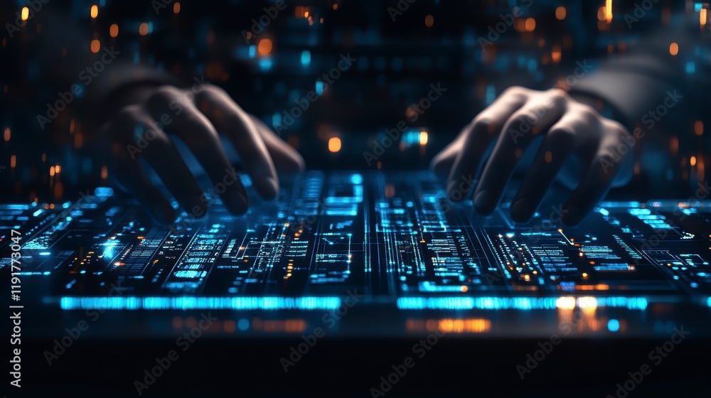Futuristic Hands Typing on Glowing Digital Interface with Data Streams Futuristic Hands Typing on Glowing Digital Interface with Data Streams