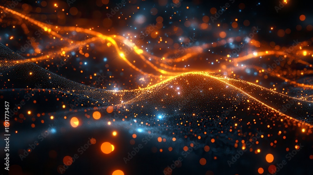 Abstract Glittering Particle Wave Background Orange and Blue Hues Dark Background Abstract Glittering Particle Wave Background Orange and Blue Hues Dark Background