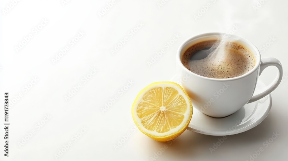 A white coffee cup with a slice of lemon on top A white coffee cup with a slice of lemon on top