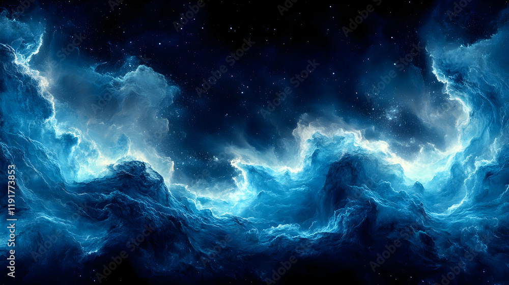 Fototapeta premium Cosmic Nebula with Glowing Blue Clouds and Distant Stars, Abstract Space Background