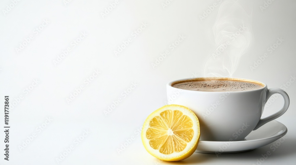 A white coffee cup with a slice of lemon on top A white coffee cup with a slice of lemon on top