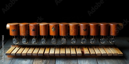 Wooden and Metal Music Instrument with a Row of Cylindrical Resonators on Wooden Base, Set Against a Dark Background Showcasing Intricate Craftsmanship