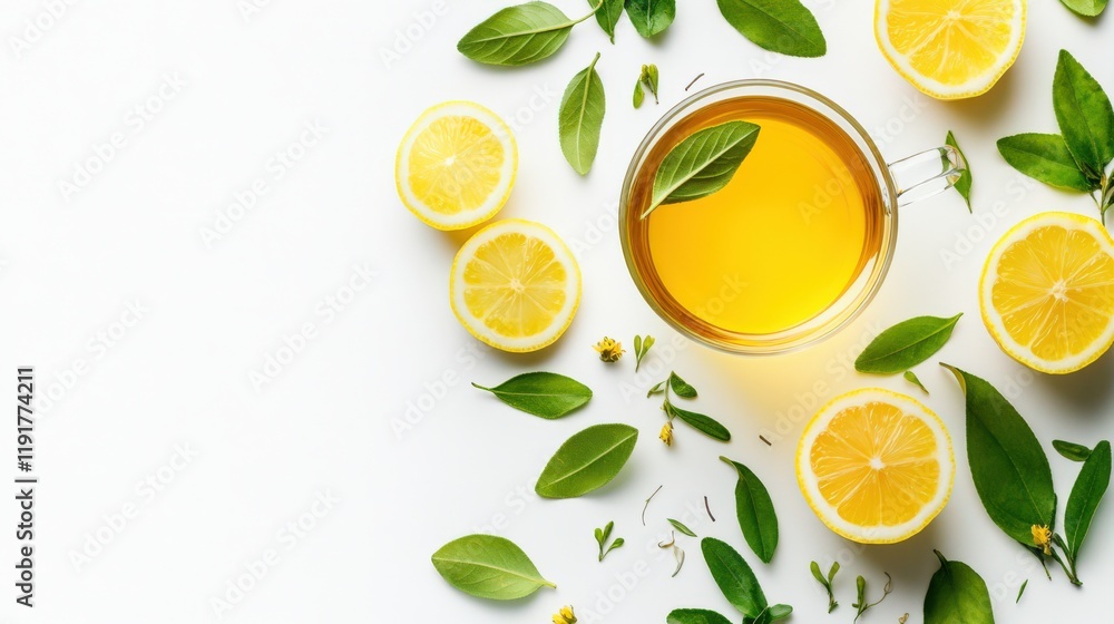 A glass of tea with a lemon slice and a leaf on top A glass of tea with a lemon slice and a leaf on top