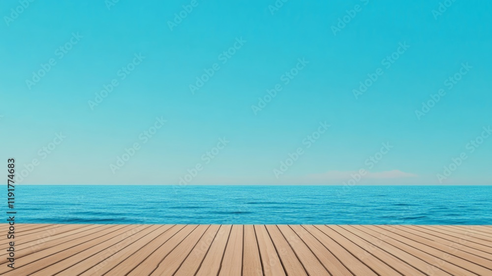 Fototapeta premium Wooden pier overlooking beautiful calm blue sea and clear sky on sunny summer day, creating a perfect background for summer vacation and travel concept