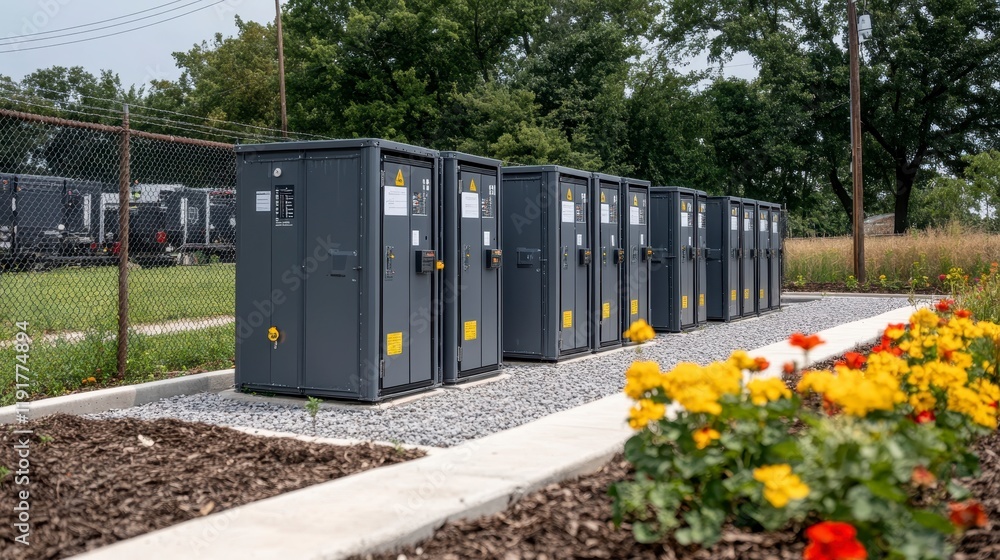 Outdoor Row of Modern Industrial Electrical Power Substations in a Landscaped Area Outdoor Row of Modern Industrial Electrical Power Substations in a Landscaped Area