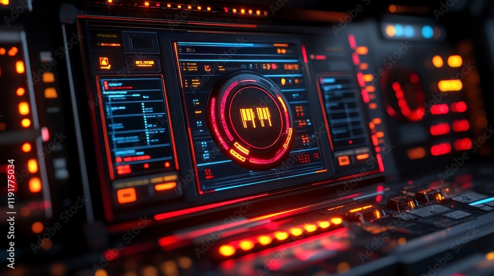 Obraz premium Futuristic Sci Fi Interface Control Panel with Red and Orange Glowing Lights Digital Display