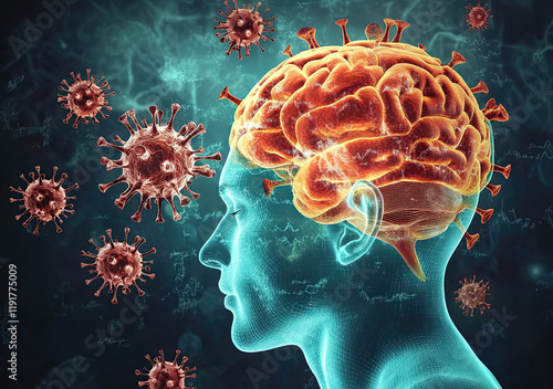 Microscopic view of virus attacking brain tissue, causing meningitis and encephalitis inflammation. 3D medical rendering