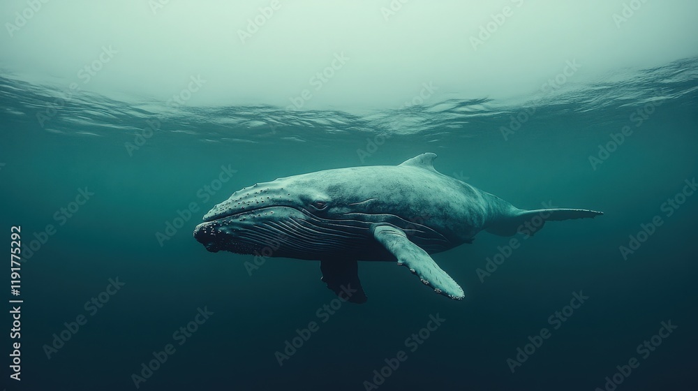 Majestic Humpback Whale Swimming Gracefully Beneath the Ocean Surface in a Serene Environment with Soft Light and Clear Water