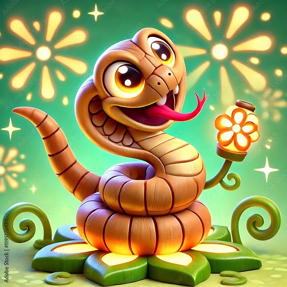 Fototapeta premium animated wooden snake with glowing patterns, cheerful expressions, and playful movements, celebrating the Year of the Wood Snake with vibrant colors and whimsical charm